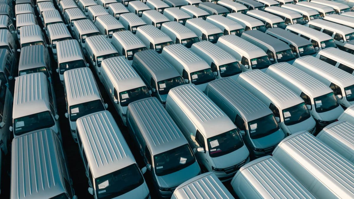 Aerial view of rows of white commercial fleet vans parked together