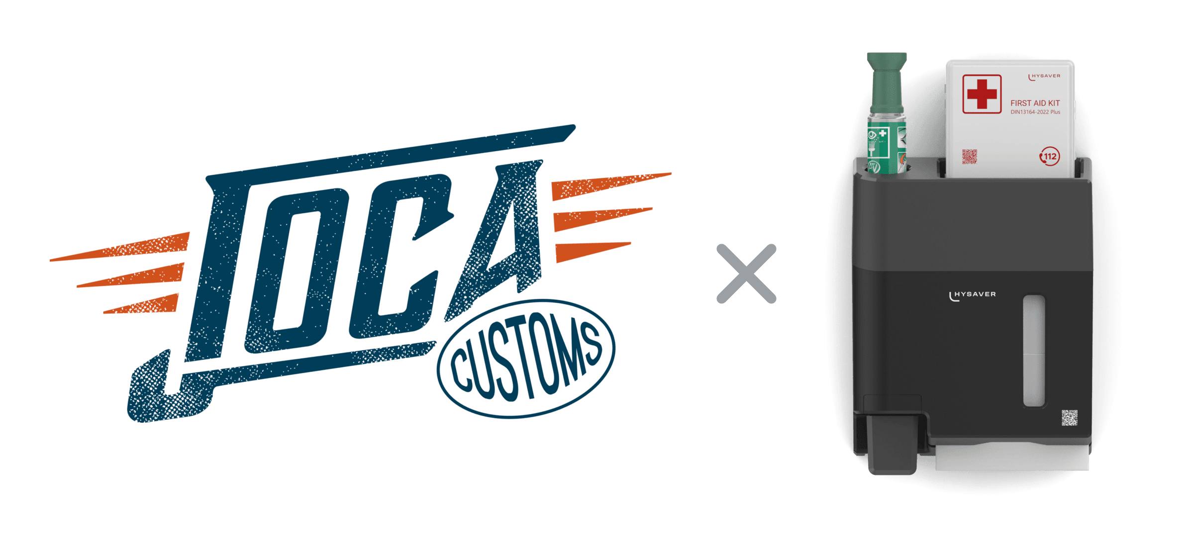 JOCA Customs logo next to the HYSAVER hygiene and safety unit with first aid kit and eyewash