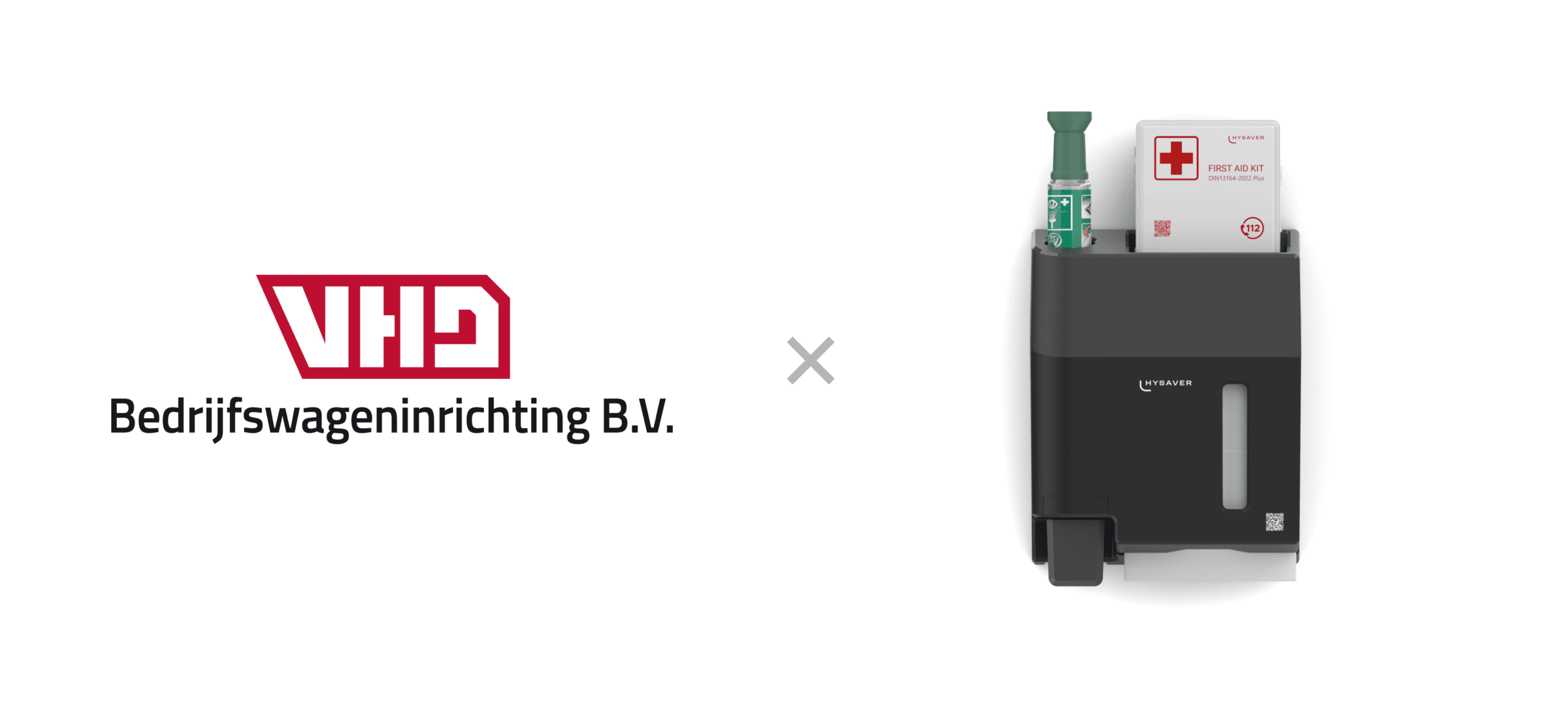 VHD Bedrijfswageninrichting logo next to the HYSAVER hygiene and safety unit with first aid kit and eyewash